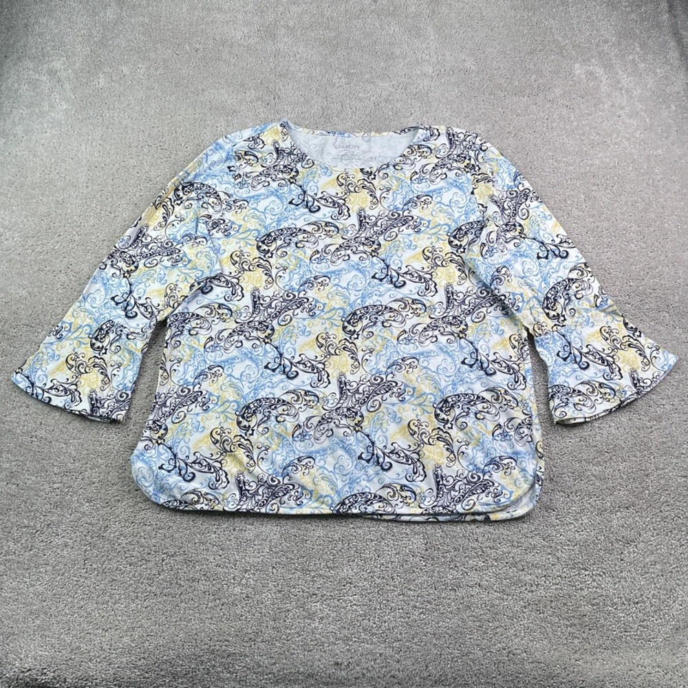 Talbots Shirt Womens XL Blue Yellow Paisley Bell Sleeve Cotton Knit Blouse